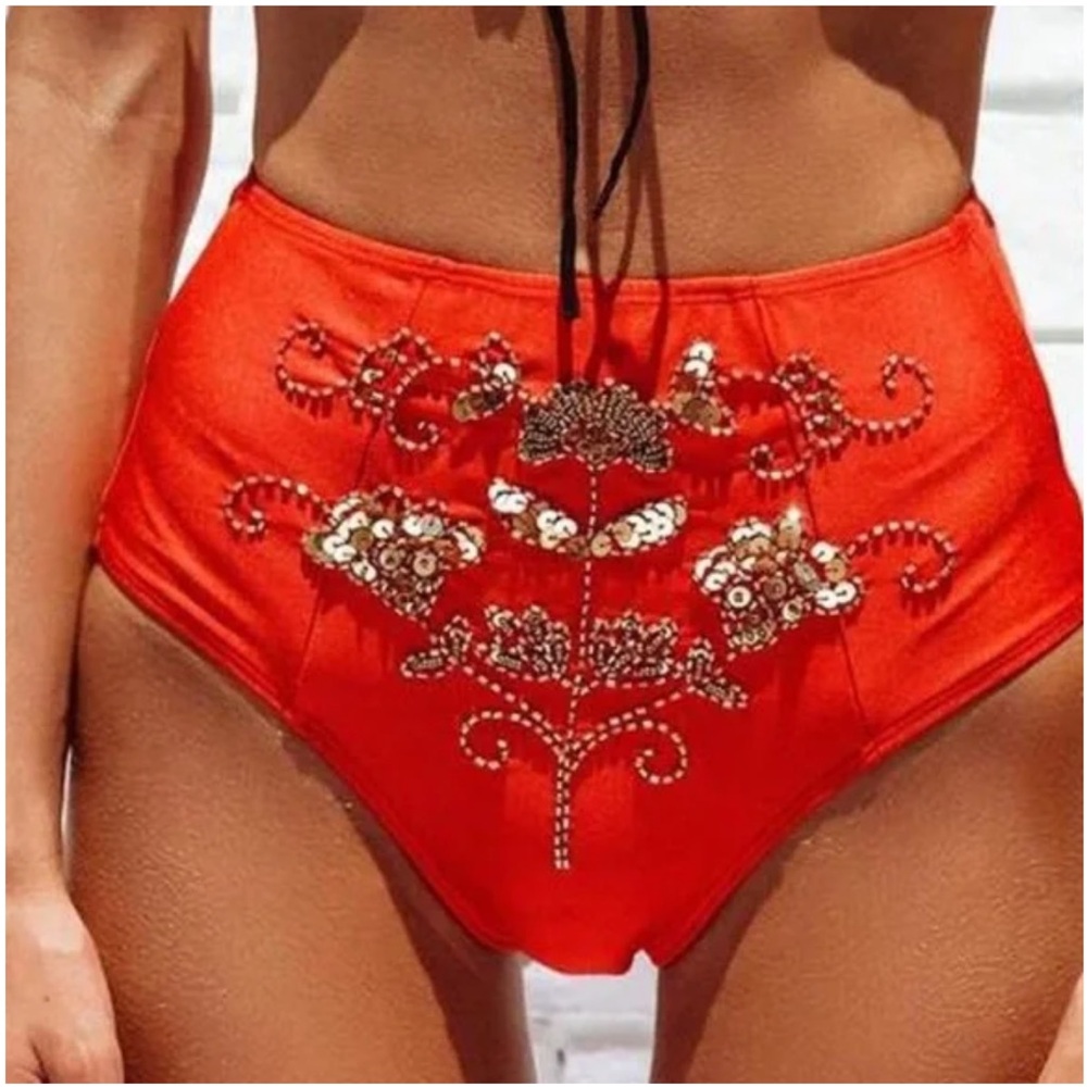 HER PONY RED GOLD SEQUIN BEADED FLORAL PRINT HIGH RISE BLOOMERS UNDERWEAR